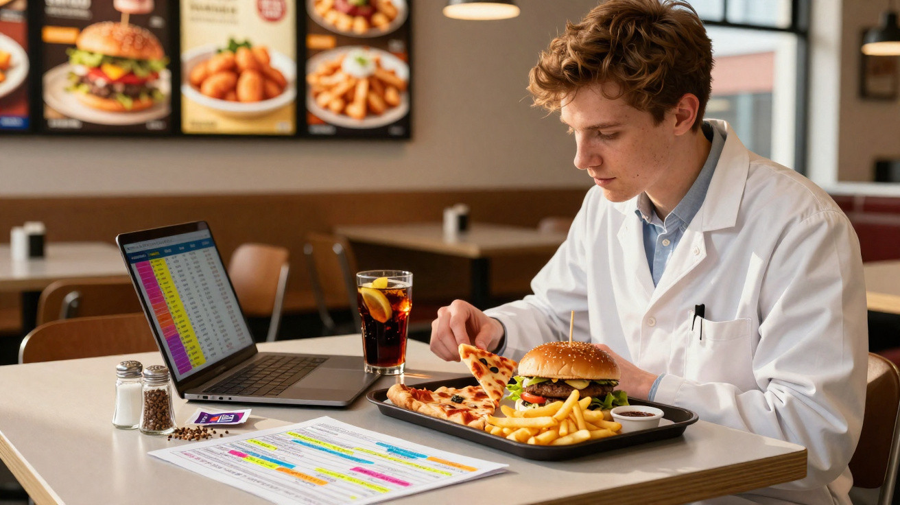 Jovem em bata branca come hambúrguer, batatas fritas e pizza num restaurante com laptop aberto.