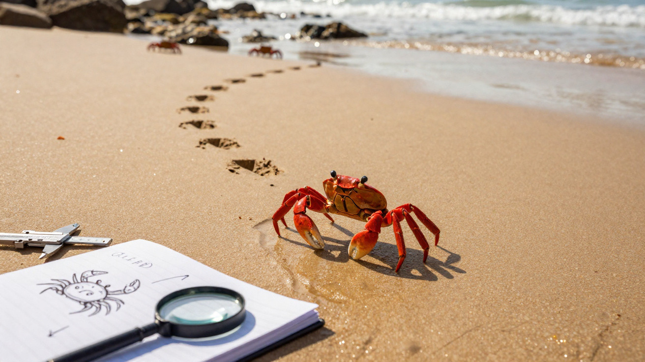 Caranguejo vermelho na areia da praia perto de caderno com esboço e lupa, com pegadas na areia.
