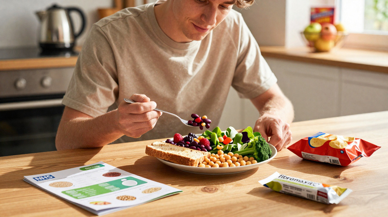 Homem a comer refeição saudável com legumes, grão e pão numa cozinha moderna.