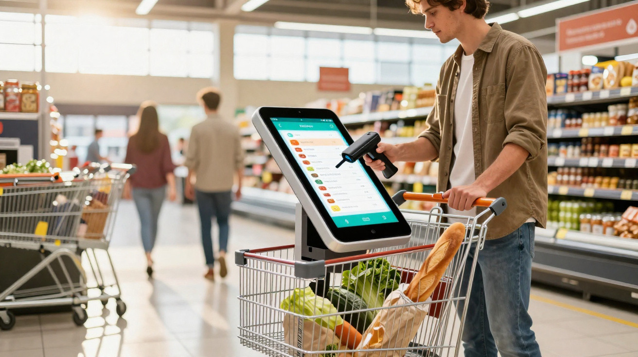 Homem a usar scanner com carrinho de compras recheado no supermercado moderno e tecnológico.