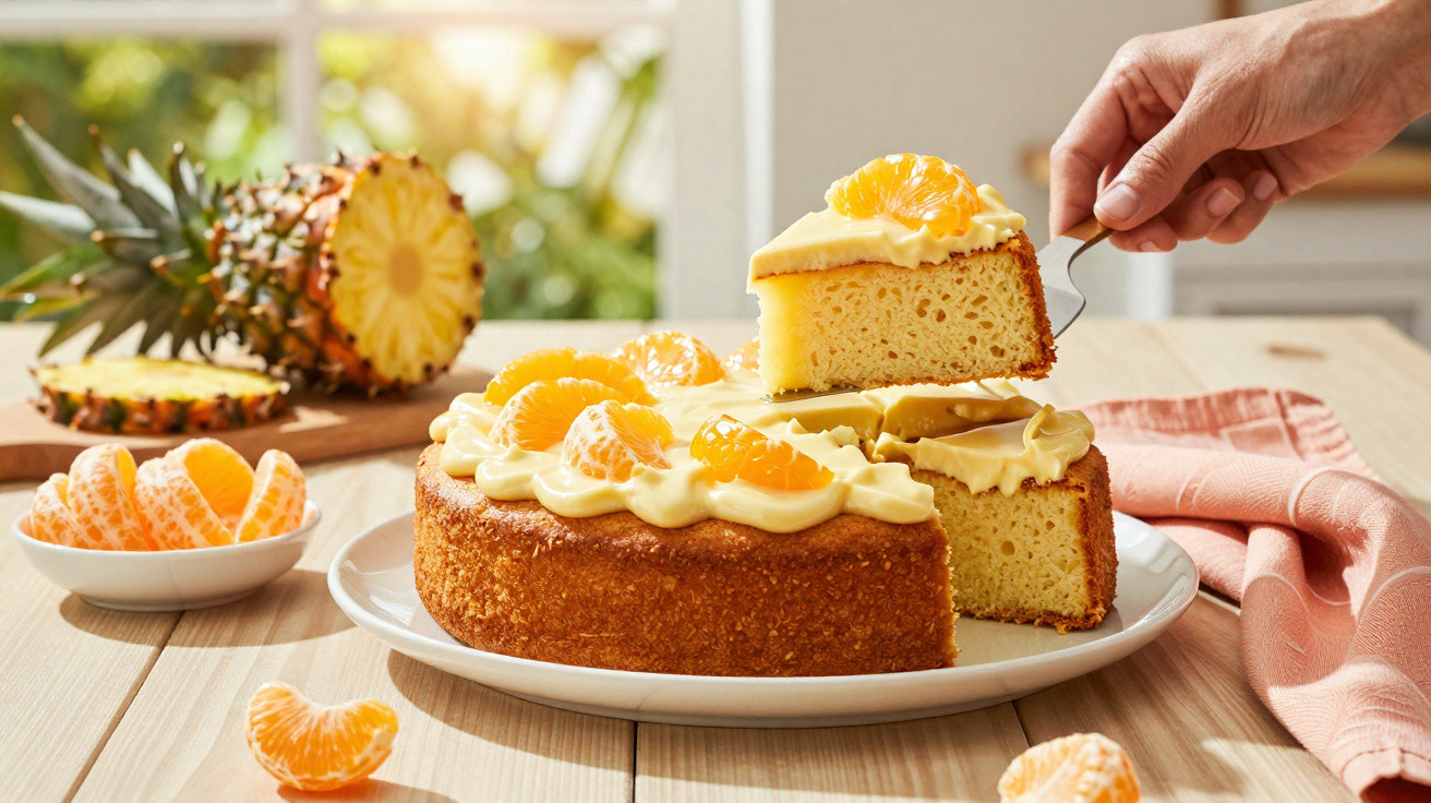 Bolo amarelo com cobertura cremosa e gomos de tangerina numa mesa de cozinha clara.