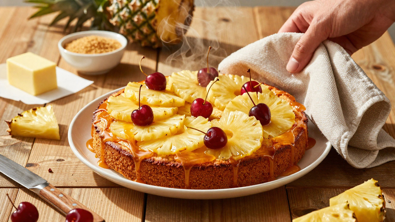 Tarte de ananás com cerejas, com calda a escorrer, decorada e servida numa mesa de madeira.