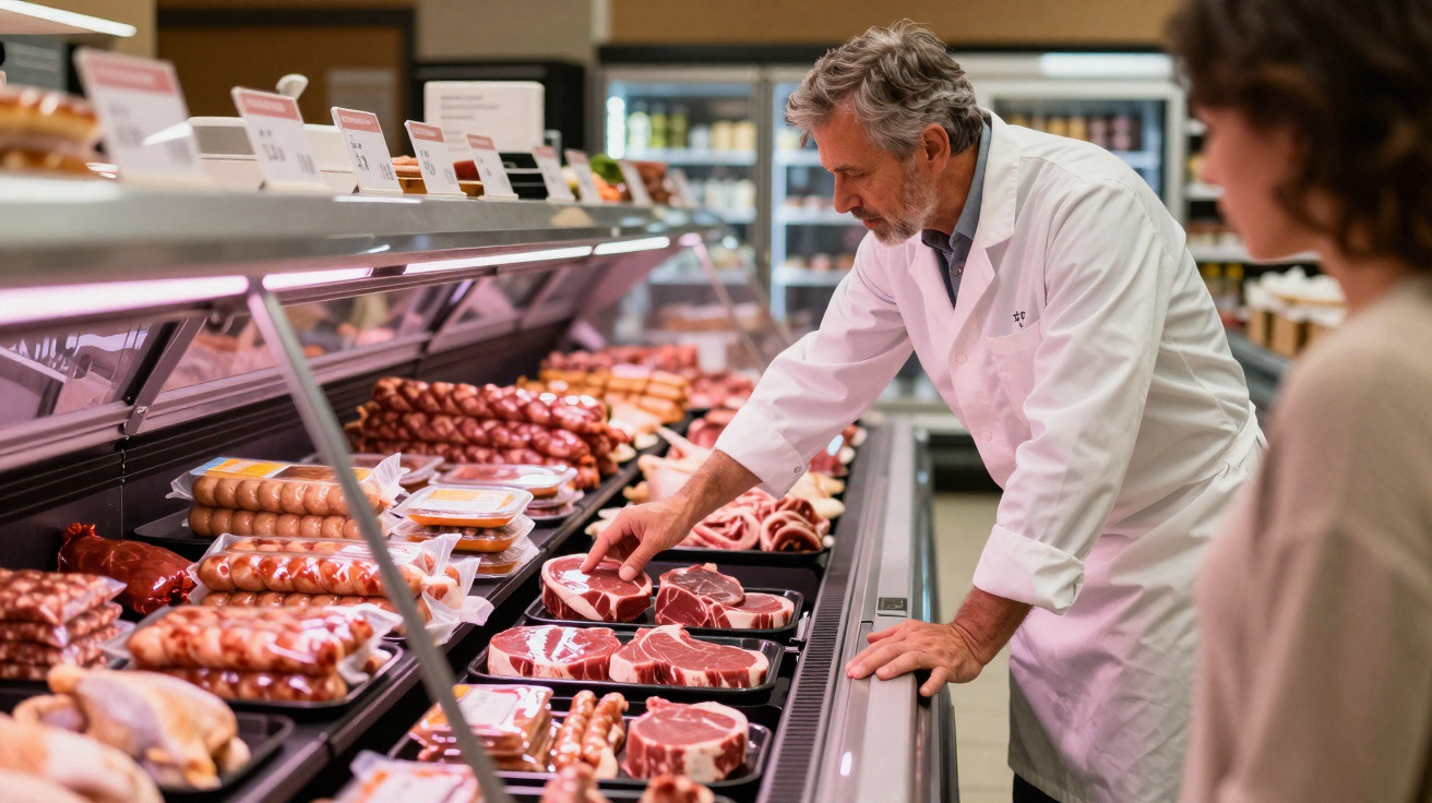 Talhante de bata branca a escolher carne numa montra frigorífica cheia de enchidos e peças de carne.