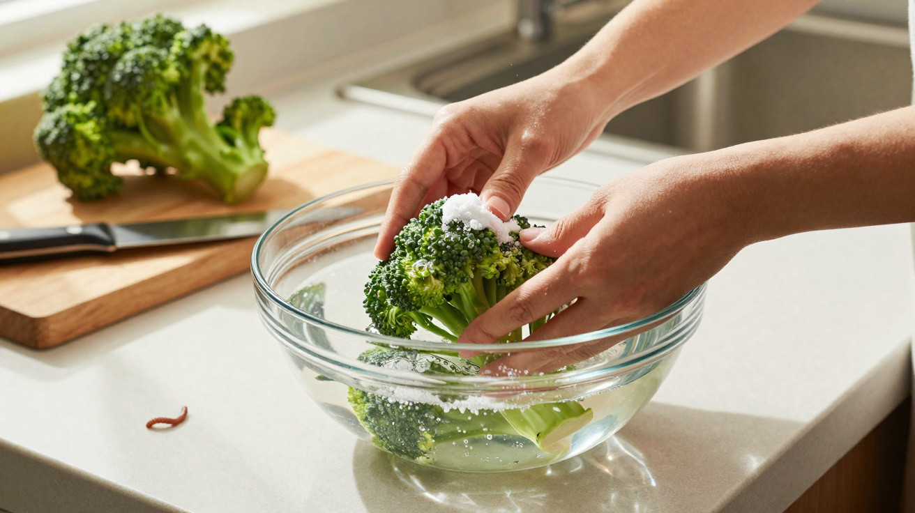 Mãos a temperar brócolos com sal numa taça de vidro cheia de água numa cozinha.