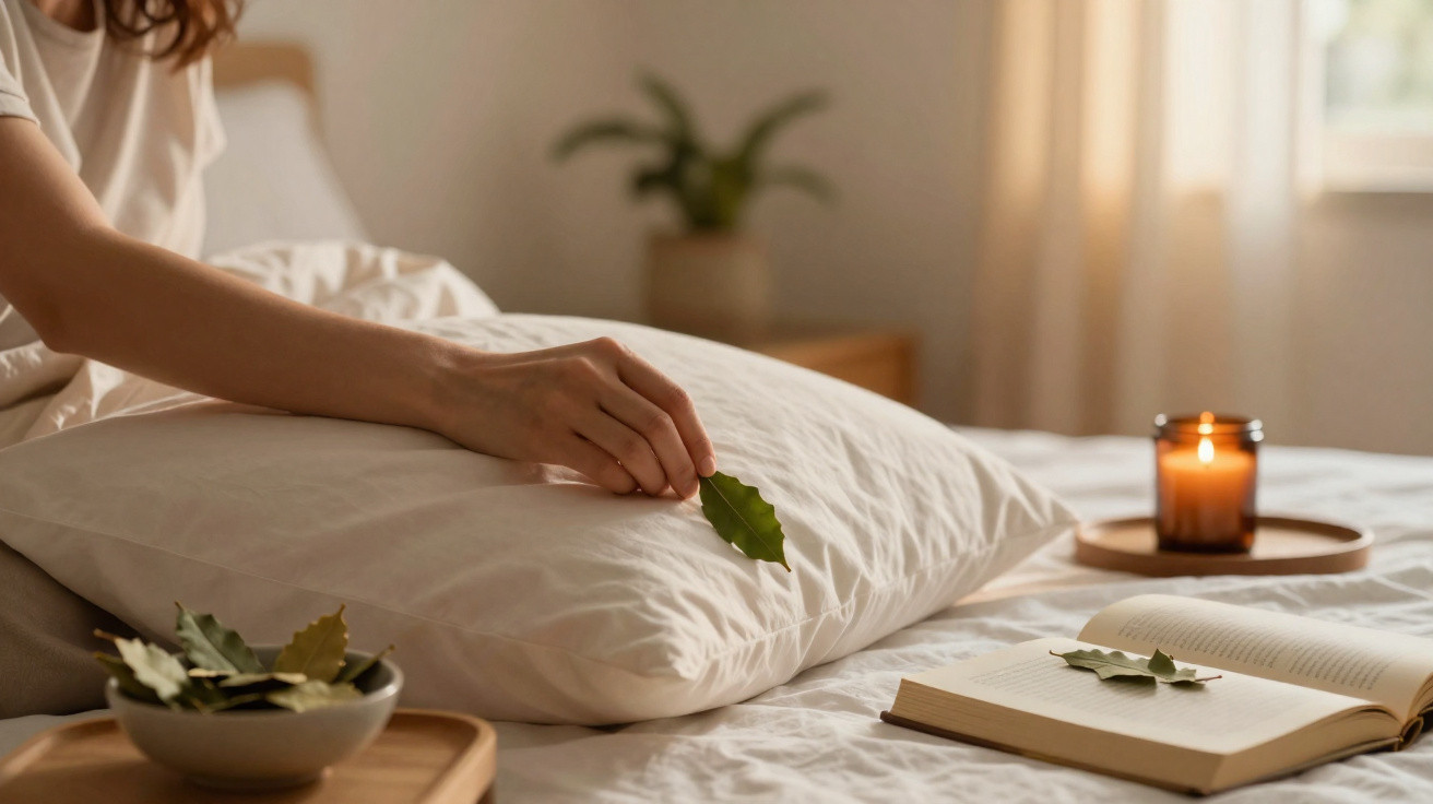 Pessoa a colocar uma folha verde num almofadão branco, com livro aberto e vela acesa numa cama.