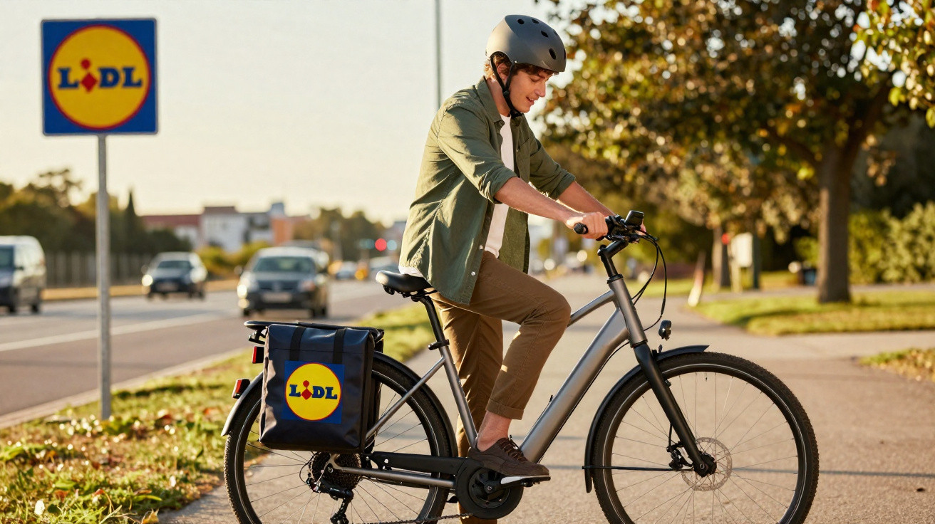 Homem com capacete numa bicicleta elétrica com saco de entregas Lidl junto a sinalização da marca.