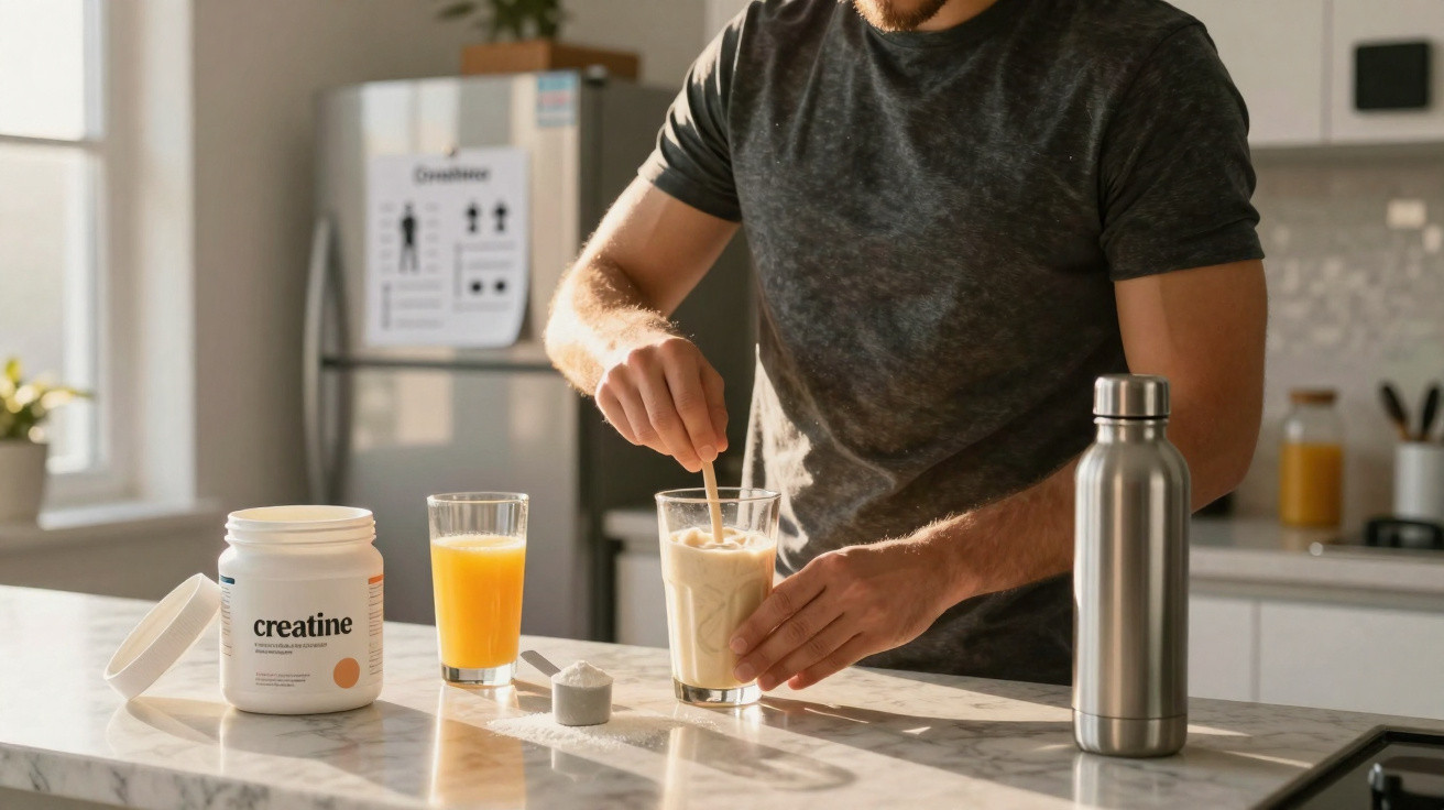 Homem prepara batido de creatina na cozinha com suplemento, copo de sumo e garrafa térmica.
