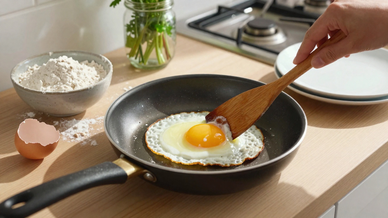 Ovo estrelado a cozinhar numa frigideira preta, com espátula de madeira, farinha, casca de ovo e ervas ao fundo.