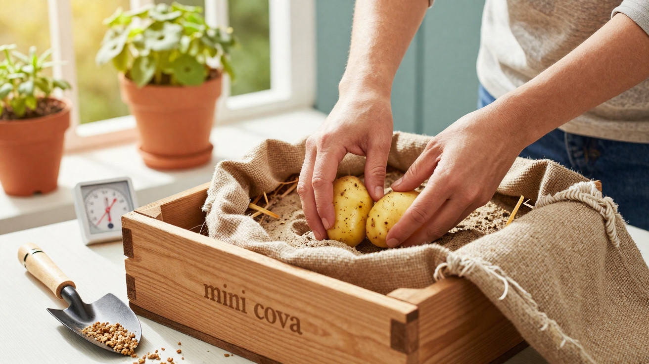 Mãos a plantar batatas numa caixa de madeira com terra, ao lado de uma espátula e plantas em vasos.
