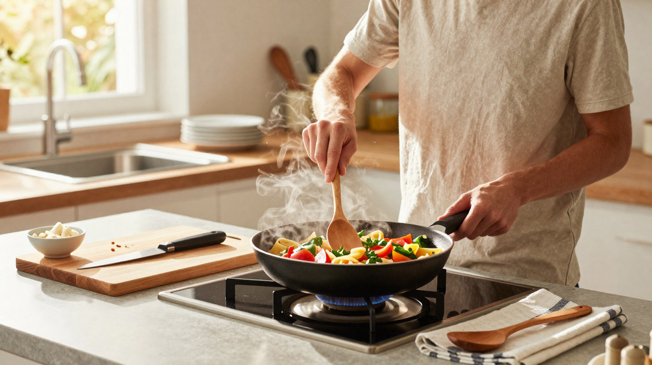 Pessoa a cozinhar legumes coloridos numa frigideira sobre fogão a gás numa cozinha luminosa.