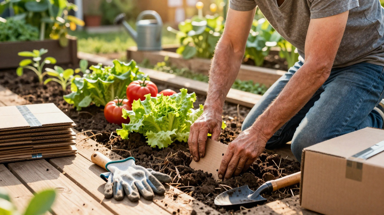 Pessoa a plantar sementes em canteiro com alface e tomates num jardim caseiro.