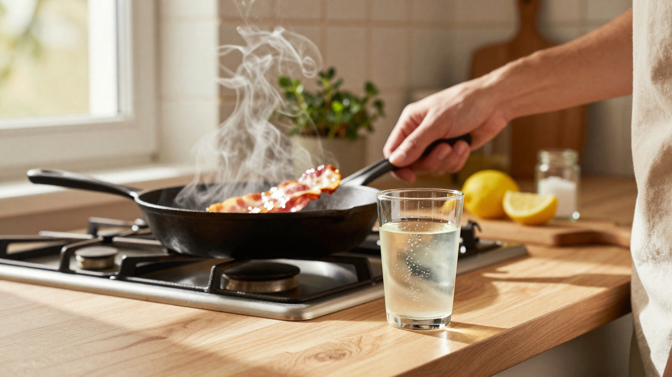 Mão a cozinhar bacon numa frigideira com vapor, copo de água com gas numa bancada de cozinha iluminada.
