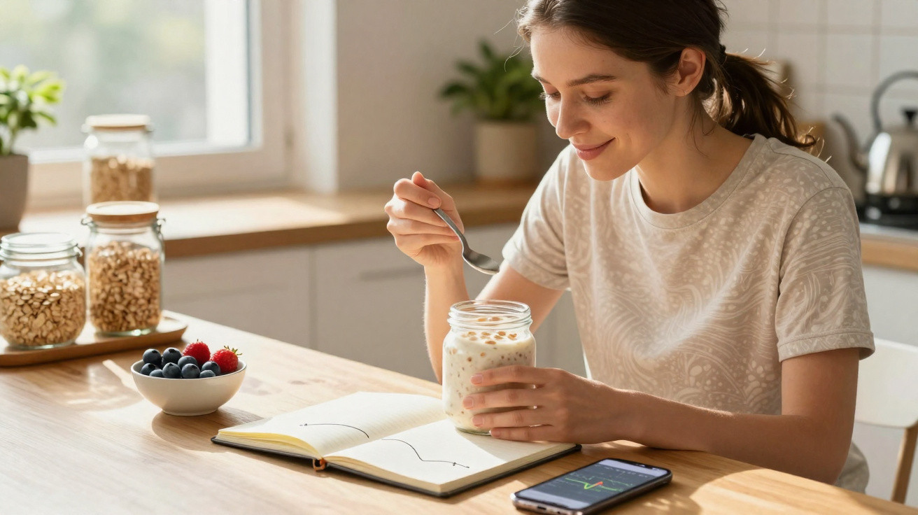 Mulher sentada à mesa a comer iogurte com fruta, com caderno aberto e smartphone ao lado numa cozinha luminosa.