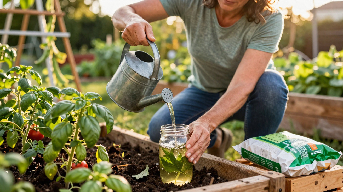 Pessoa a verter água de um regador para um frasco junto a uma horta com plantas verdes.