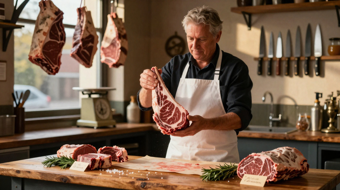 Açougueiro de avental branco a temperar peça de carne num talho com vários cortes de carne à sua volta.