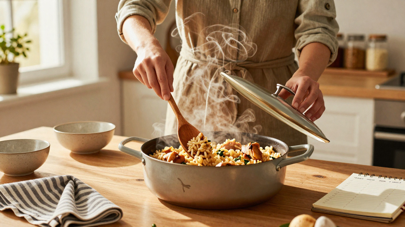 Pessoa a mexer comida quente numa panela de alumínio com tampa numa cozinha iluminada.