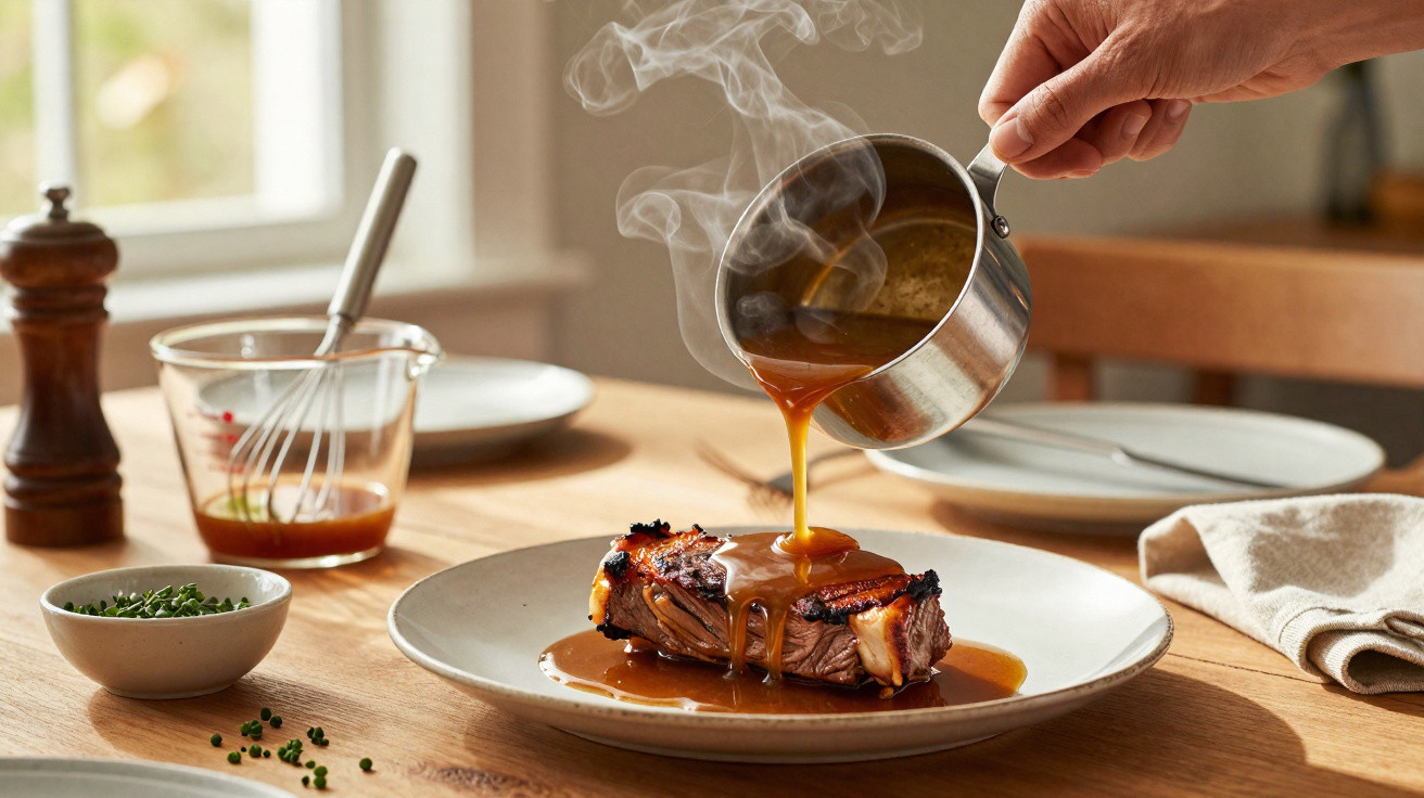 Mão a verter molho quente sobre bife grelhado num prato branco numa mesa de madeira.