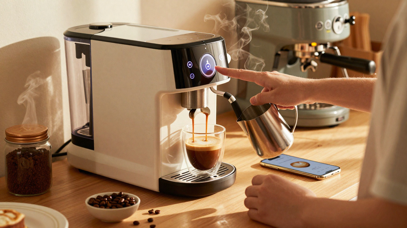 Pessoa a preparar café numa máquina automática na bancada da cozinha, com smartphone ao lado.