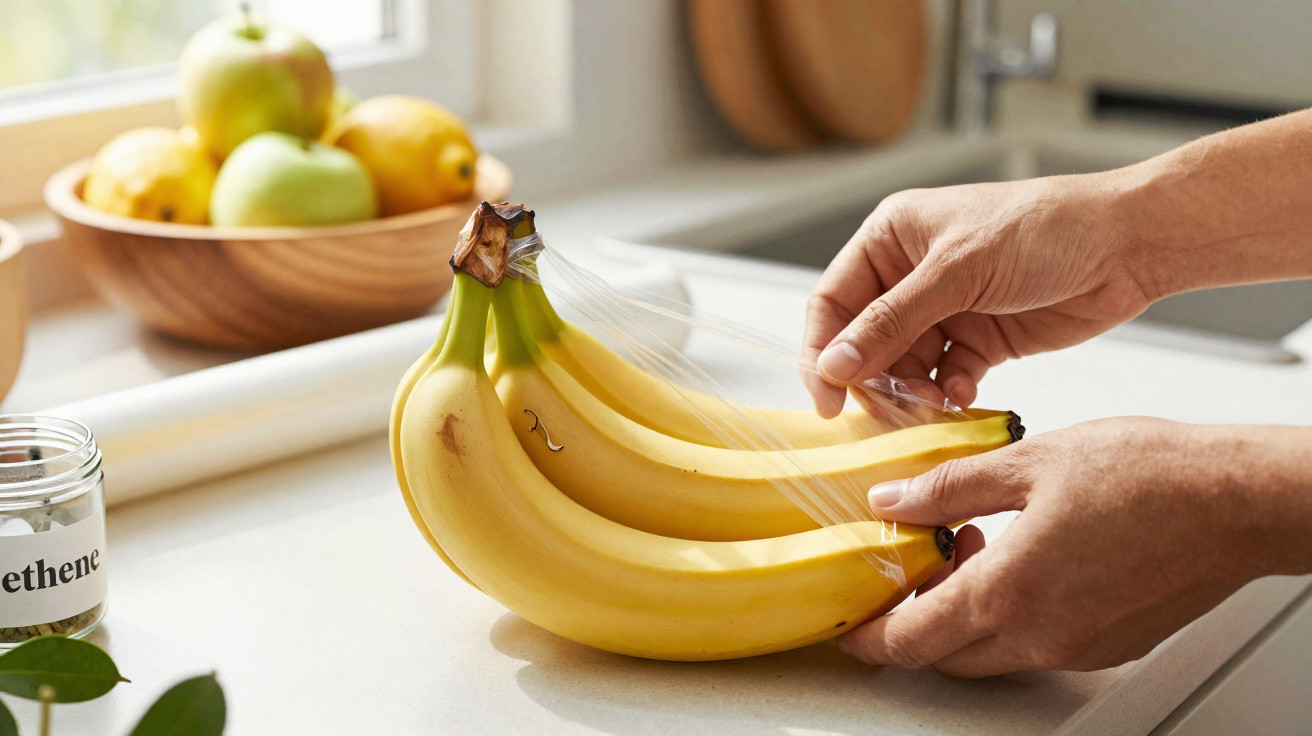 Mãos a envolver três bananas com filme plástico numa cozinha clara com frutas ao fundo.