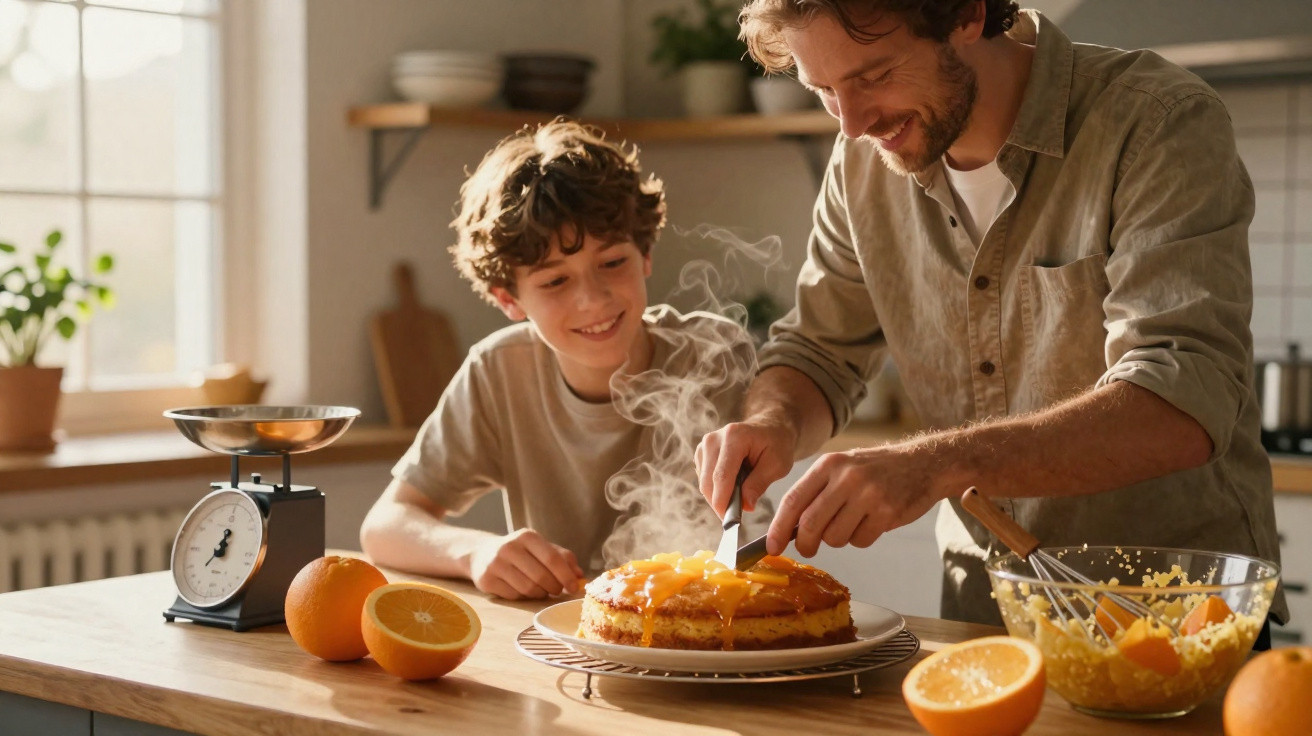 Pai e filho a cortar um bolo de laranja numa cozinha luminosa, rodeados por ingredientes frescos.