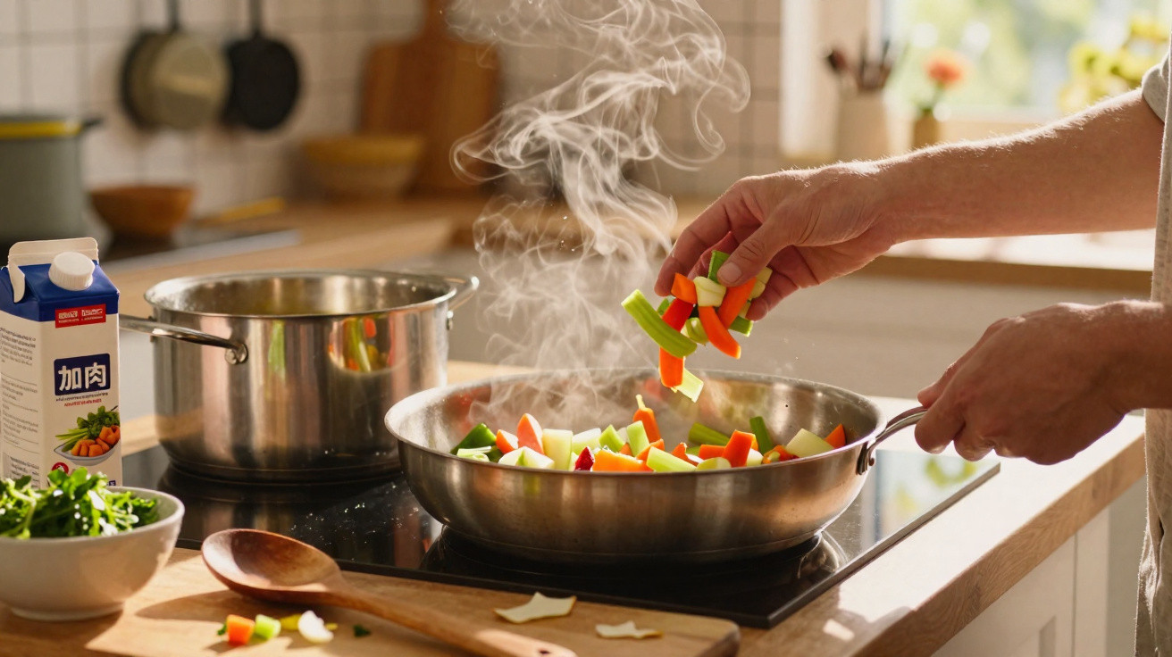Mãos a cozinhar legumes frescos numa frigideira fumegante numa cozinha bem iluminada.