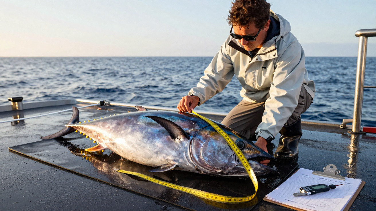 Homem a medir um atum gigante numa embarcação de pesca no mar ao pôr do sol.