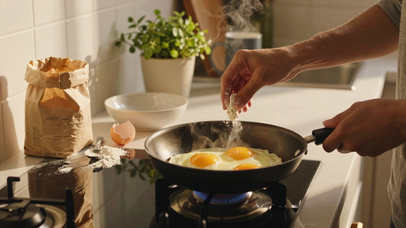 Mãos a temperar três ovos a fritar numa frigideira, com saco de farinha e planta à volta, numa cozinha iluminada.
