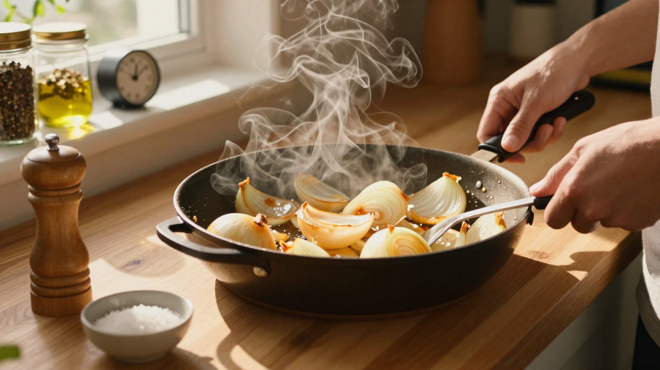 Cebolas a dourar numa frigideira preta com vapor a subir, numa bancada de cozinha iluminada.