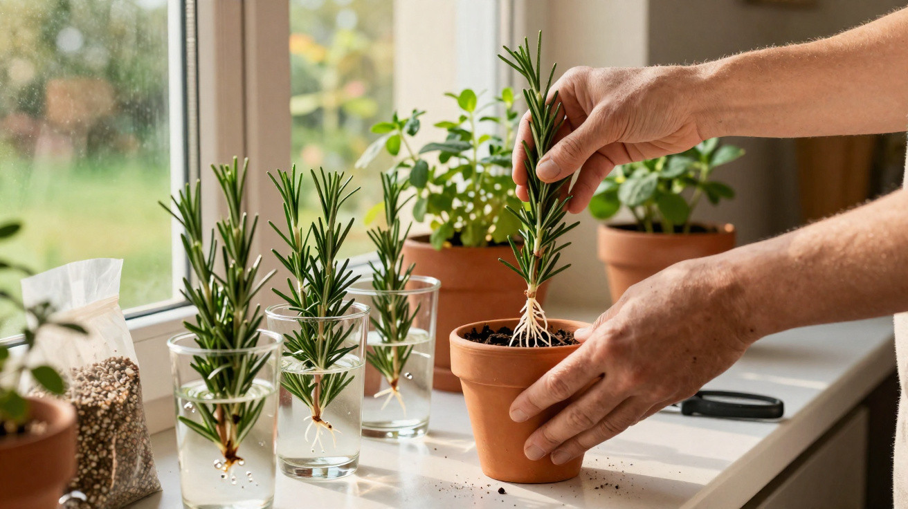 Mãos transplantam uma planta de alecrim para vaso de barro junto a copos com mais plantas e sementeiras.