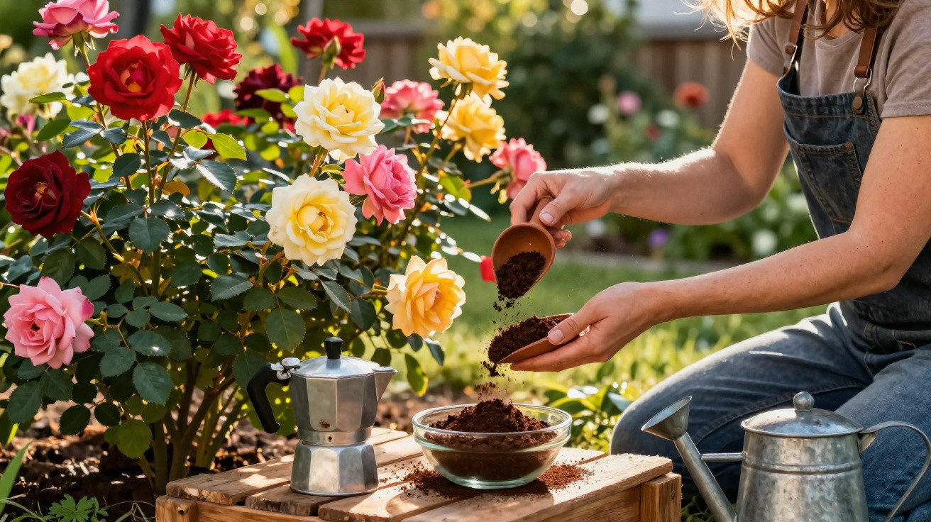 Pessoa a preparar café com borra junto a roseiras com flores coloridas num jardim ensolarado.
