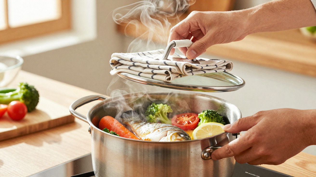 Pessoa a levantar tampa de panela com peixe, legumes e vapor a cozinhar no fogão.