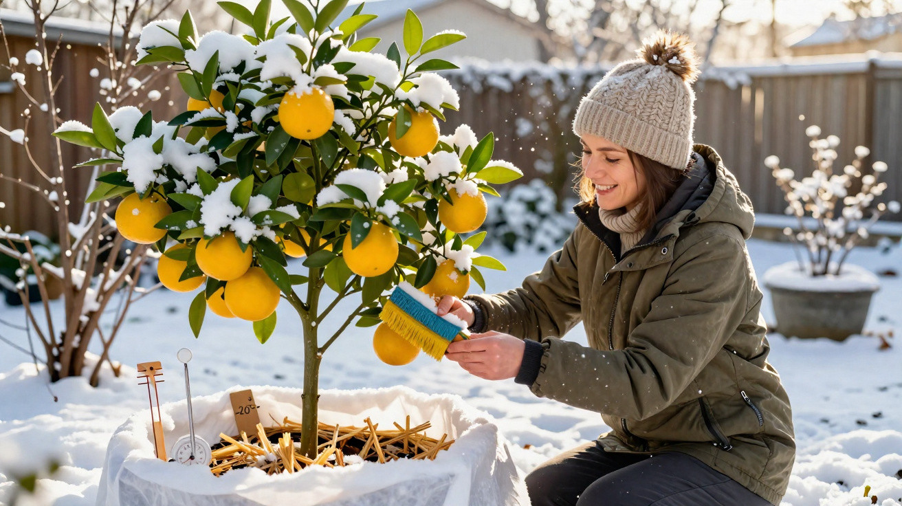 Mulher veste roupa de inverno a limpar laranjas de uma árvore coberta de neve num jardim.