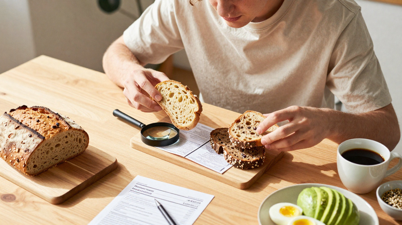 Pessoa a analisar fatias de pão com uma lupa numa mesa com café, ovos e abacate fatiado.