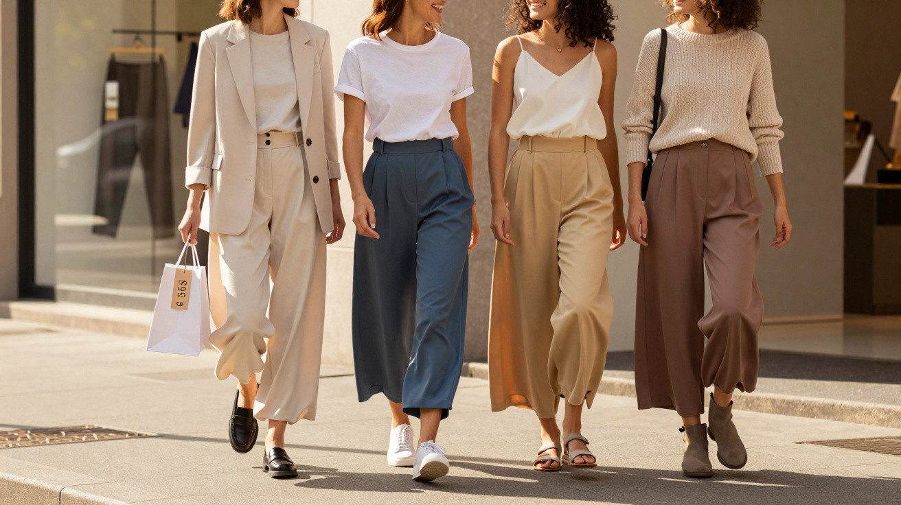 Quatro mulheres a caminhar na rua com roupas casuais e elegantes em tons neutros e confortáveis.