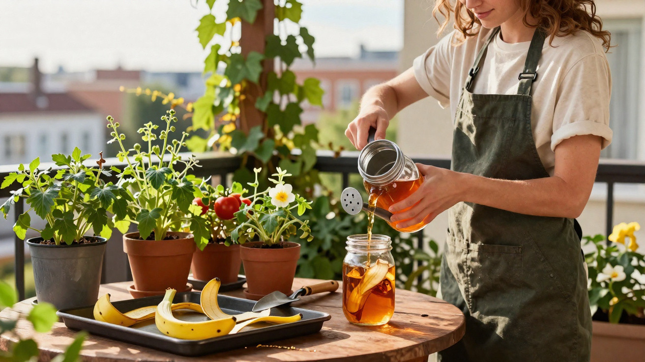 Mulher a regar plantas em vasos no terraço, num dia ensolarado, com bananas descascadas numa mesa de madeira.