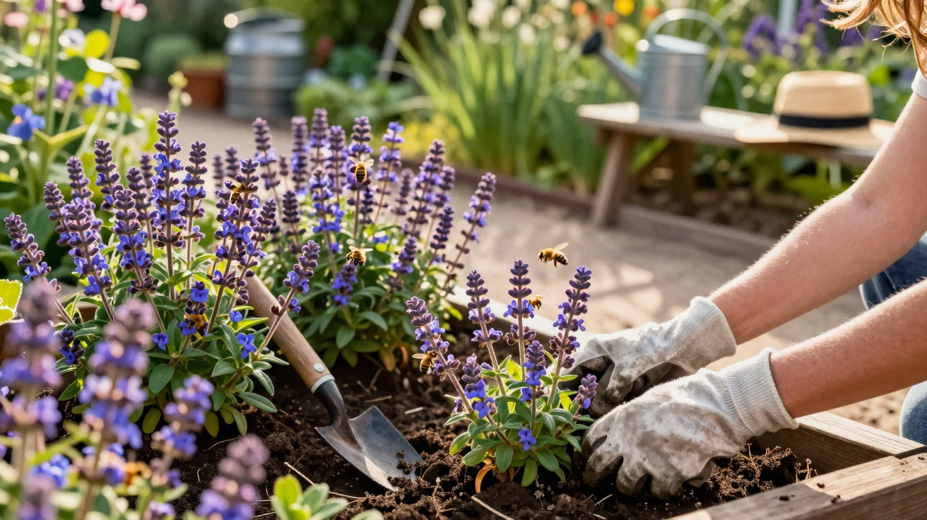 Pessoa a plantar flores roxas num canteiro de jardim com abelhas a voar e utensílios de jardinagem.