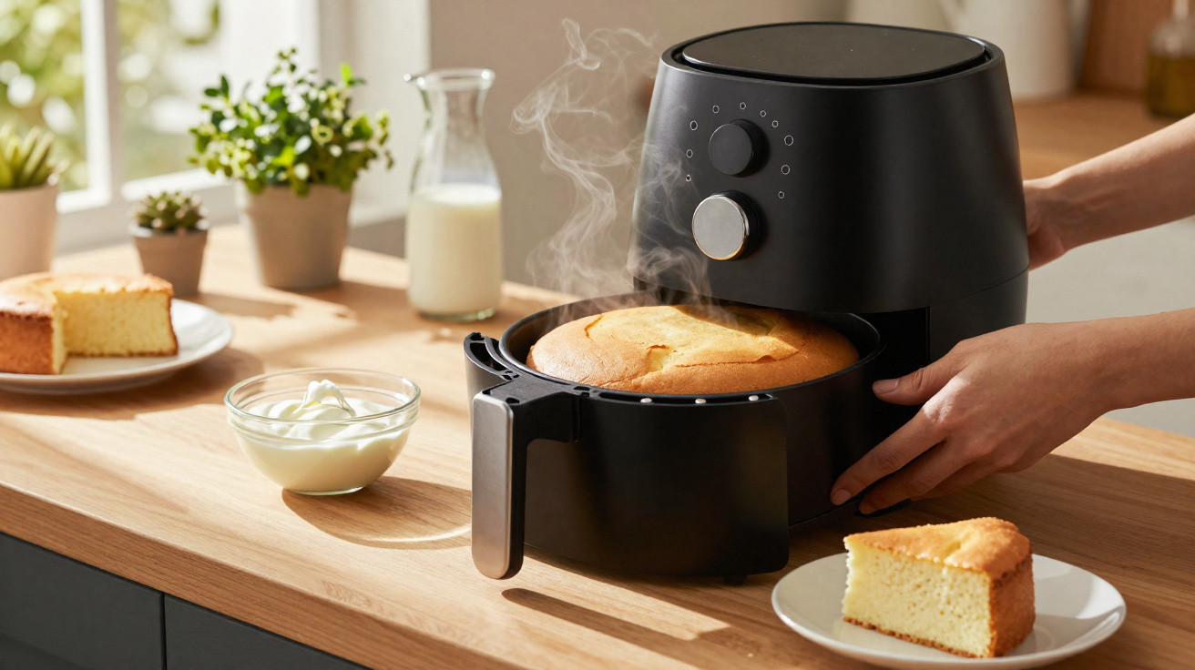 Air fryer preta a retirar bolo quente fumegante acabado de cozer na cozinha com a mão.