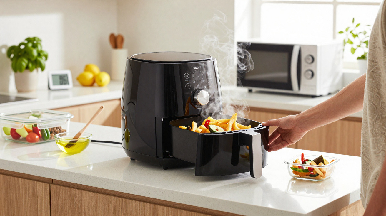 Torradeira a ar a preto com batatas fritas quentes e legumes, numa cozinha moderna e luminosa.