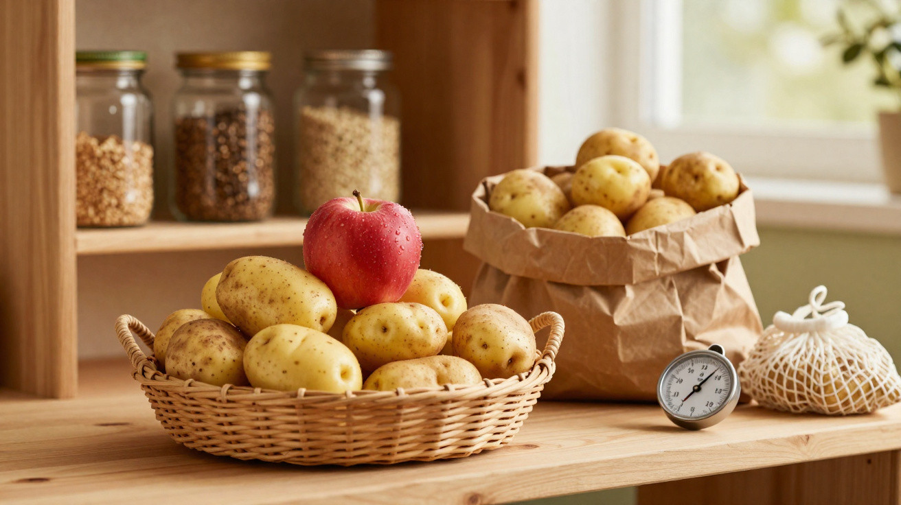 Cesto com batatas e uma maçã, saco de batatas, relógio de cozinha em prateleira de madeira.