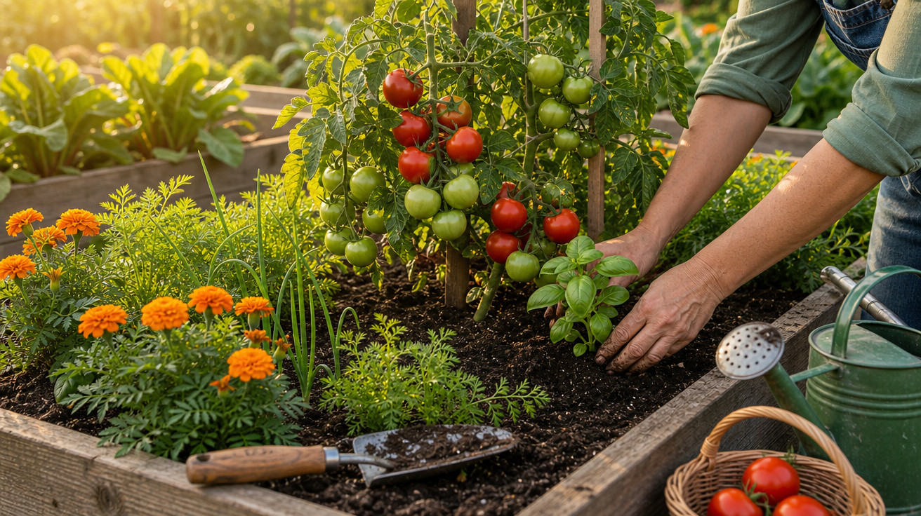 Pessoa a cuidar de plantas num canteiro com tomateiros, flores e hortícolas ao nascer do sol.