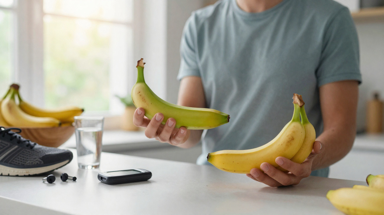 Pessoa a segurar duas bananas numa cozinha, com tênis, auriculares e copo de água sobre a bancada.