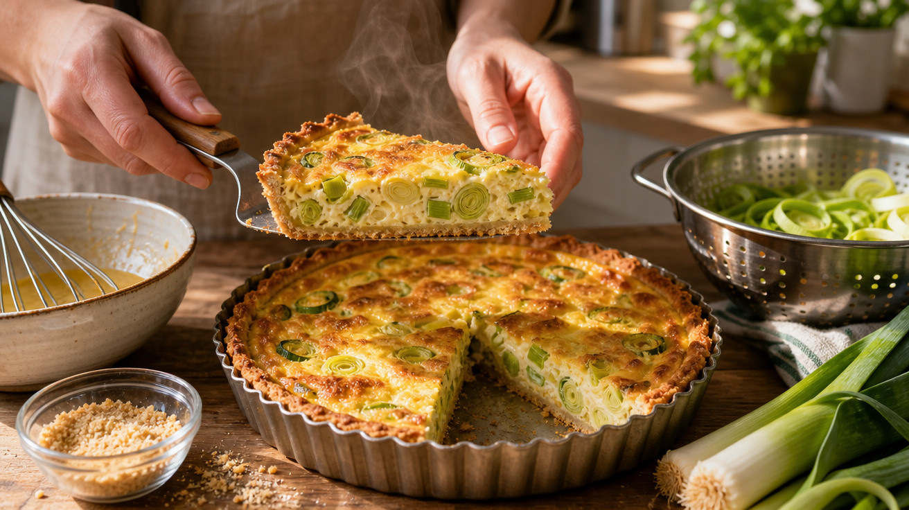 Pessoa a servir uma fatia quente de quiche de alho francês numa cozinha iluminada.